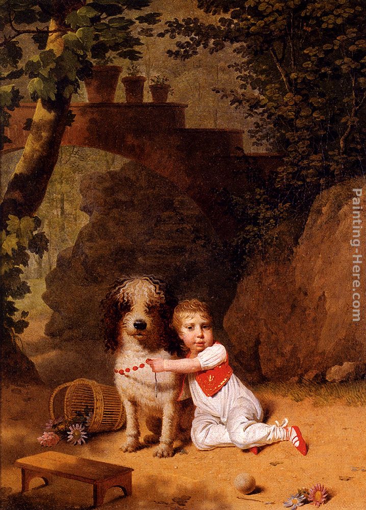 Portrait Of A Little Boy Placing A Coral Necklace On A Dog, Both Seated In A Parkland Setting painting - Martin Drolling Portrait Of A Little Boy Placing A Coral Necklace On A Dog, Both Seated In A Parkland Setting art painting
